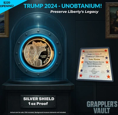 NO RESERVE! Silver Shield Trump 2024 Series #7. Vote Hyena. Kamala. UNOBTANIUM! - Image 1 of 4