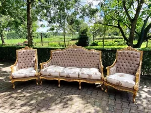 Sofa Set French Louis XVI Antique Tan Velvet Bergère Chairs Gold Leaf Luxury - Picture 1 of 16