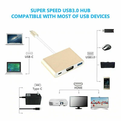 Gold Type C USB 3.1 USB-C 4K HDMI USB 3.0 Adapter Cable 3 in 1 Hub For Macbook - Image 1 of 4