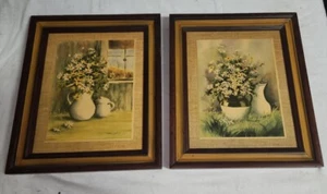 Pair Vintage Wood Framed Rusty Floral Prints Rustic Decor Pitcher & Flowers - Picture 1 of 8