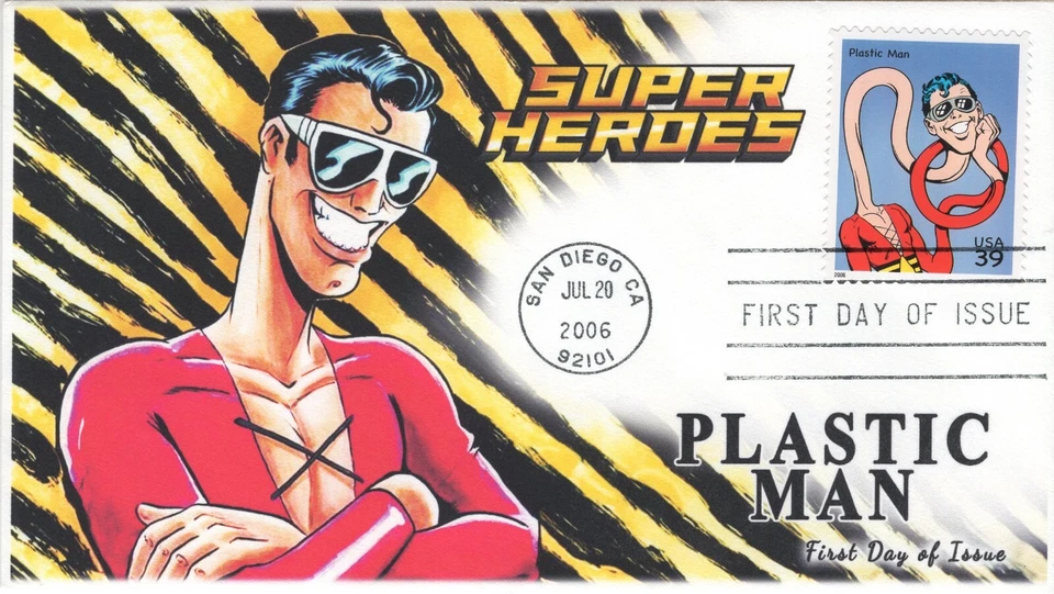 AO-4084g-3, 2006, DC Comics Super Heroes, Plastic Man, FDC, Add-on Cachet, Stand - Image 1 of 1