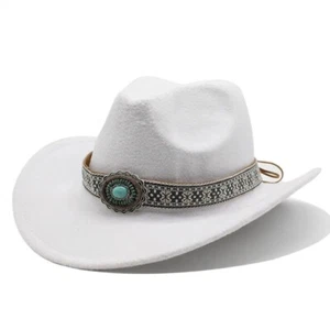 White Western Cowboy, Cowgirl Hat, Turquoise Ribbon,Men Women Retro, Tribal - Picture 1 of 3