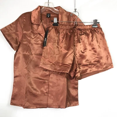 Fashion Nova Womens Small PJ Set Copper Pillow Fight Satin Shirt Shorts New - Image 1 of 4