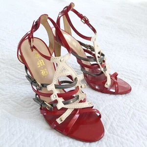 L.A.M.B. Gwen Stefani Red & Cream Strappy High Heel Sandals Womens Sz 7.5 - Picture 1 of 9