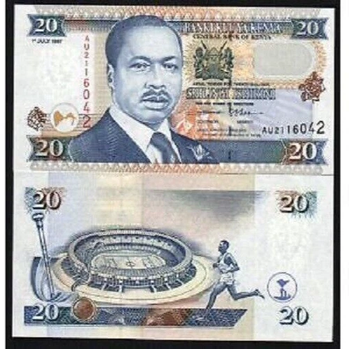 Kenya 20 SHILLINGS P-32 1995 OLYMPIC Torch Stadium Moi Kenyan Currency UNC NOTE - Image 1 of 3