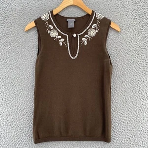 Ann Taylor Sweater Womens Extra Small Brown Silk Blend Vest Embellished Beaded - Picture 1 of 11
