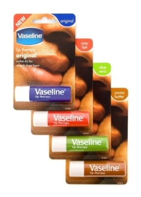 Juego combinado de 4 bálsamo de terapia labial de vaselina (original, aloe vera, manteca de cacao, rosa) Foto 1 de 4