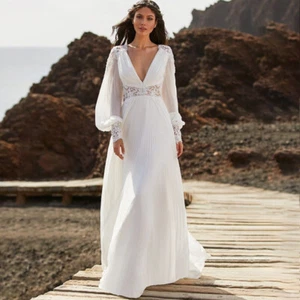 Vestidos de novia boho de encaje manga larga escote en V sin espalda - Imagen 1 de 10