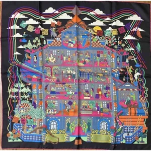 Hermes Scarf La Maison des Carres 90 cm silk black Carre - Picture 1 of 2