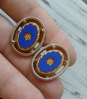GoldtoneVtgHickok USA BlueCufflinksOvalStripeStarScallopEdgeRingLappisBlueWrap - Image 1 of 4