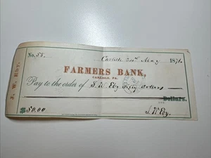 Farmers Bank - Bank Check - Carlisle PA - 1871 - Stamp Missing - Picture 1 of 1