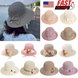 Donna Fiocco Grande Floscio Pieghevole Largo Con Falda Cappello Sole Paglia - Foto 1 di 36