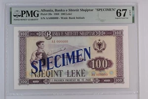 1964 Albania 100 Leke P-39s PMG 67 EPQ * TOP POP * BLUE DIAGONAL SPECIMEN * - Picture 1 of 2