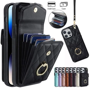 Ring Grid Leather Wallet Phone Case For iPhone 11 12 13 14 Pro Max XR XS 7 8 SE - Picture 1 of 65