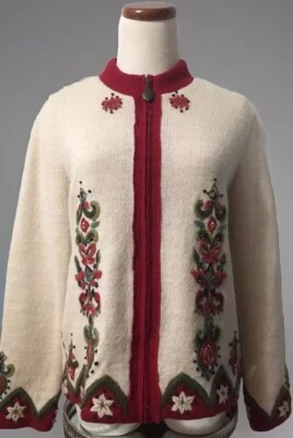 Cárdigan de Lana Diseño Islandés Vintage Floral Bordado Cremallera Suéter Talla S Foto 1 de 4