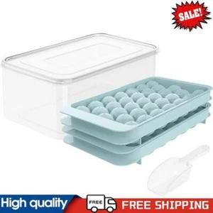 Round Ice Cube Tray Set with Lid and Bin Ice Ball Maker Mold Ice Tray (Blue) ~G - Picture 1 of 10