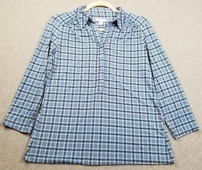 Camiseta deportiva Charter Club Top para mujer pequeña S azul negro blanco a cuadros mangas 3/4 elástica Foto 1 de 4