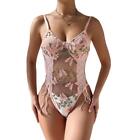 Womens Sexy Mesh Bodysuit Butterfly Embroidered Lingerie Crisscross Lace-Up Tops