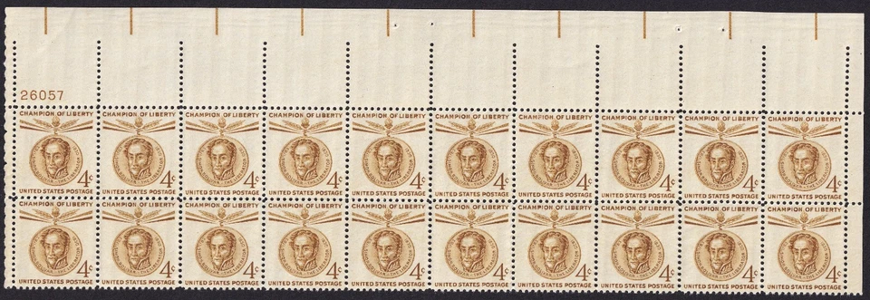 Scott #1111 Simon Bolivar Plate Block of 20 Stamps - MNH P#26057 PC#5 - Image 1 of 2