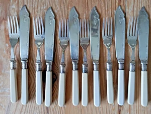 Vintage Cutlery set Fish Knives and Forks Faux Bone handles - Picture 1 of 5