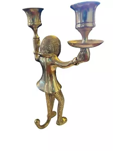 Vintage Heavy Gold Metal Butler Monkey Candlestick Candle Holders 8" tall - Picture 1 of 6