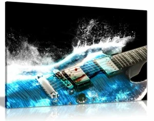 Guitar In Blue And Waves Music Canvas Wall Art Picture Print - Picture 1 of 1
