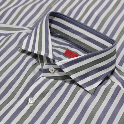 Camisa de vestir Isaia nueva con etiquetas talla 15,5 39 en blanco con rayas azules y verdes puño francés Foto 1 de 4