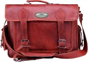 22" Brown vintage leather messenger Real satchel bag genuine laptop briefcase - Picture 1 of 6