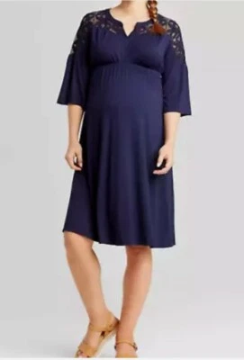 Isabel Maternity Size Medium Dress 3/4 Sleeve Lace Yoke Knit Navy Blue New - Image 1 of 4