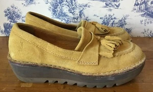 FLY LONDON ‘Sepa’ Mustard Suede Tassel Wedge Heel Loafers Size 38 U.K. 5 - Picture 1 of 10