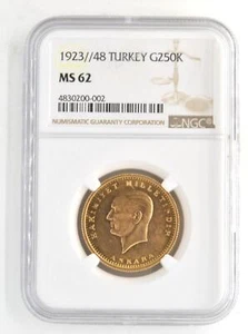 1923/48 Turkey 1971 250 Kurush/Piastres .917 Gold Coin NGC Graded MS62 KM857 - Picture 1 of 2