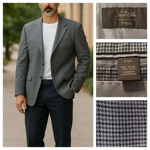 Tasso Elba Mens Blazer Size L 44 Wool - Silk Houndstooth Gray Black- Academia - Picture 1 of 16