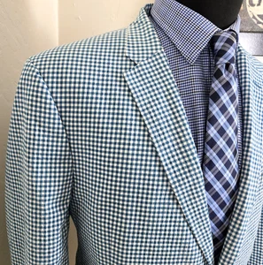 Tommy Hilfiger GREEN Seersucker Blazer Men 44R Sport Coat Gingham Check 2 Button - Picture 1 of 20