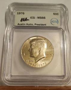 1776-1976 KENNEDY HALF DOLLAR ICG MS 66 AUSTIN HUTTO SIGNED - Picture 1 of 4