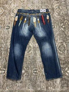 Akademiks Native Warriors Embroidered Denim Y2K VINTAGE HipHop Baggy Jeans 44x34 - Picture 1 of 12