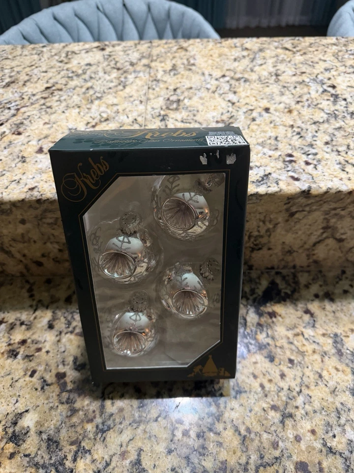 Krebs Christmas Ornaments Glass Silver Round Shape Reflector Glitter Design