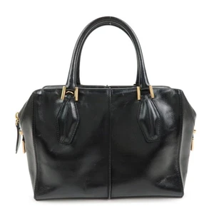 TOD’S D Cube Leather 2 Way Bag Hand Bag Shoulder Bag Black Gold Auth Used F/S - Picture 1 of 24