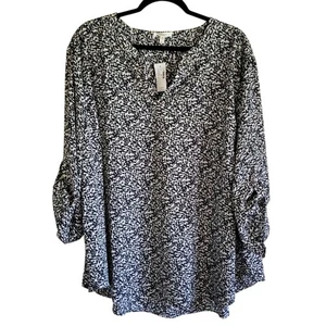 Maurices Roll Tab Sleeve Blouse Top Women's Plus 3X Black White Silky V Neck NWT - Picture 1 of 7