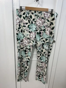 J. Jill Linen Woman's Pants Sz Large Floral Print Flat Front Crop Button Hem - Picture 1 of 10