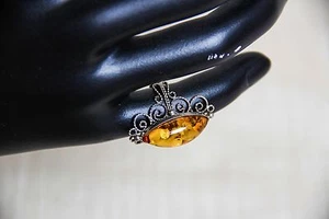Marquise Cut Genuine Amber Ring with Intricate Design 1.25'' Long Size 4.5-5 - Picture 1 of 10