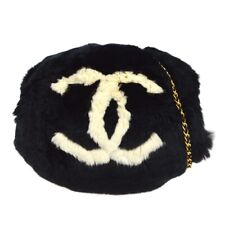 CHANEL CC Logos Hand Warmer Chain Shoulder Bag Black Ivory Fur AK38561e