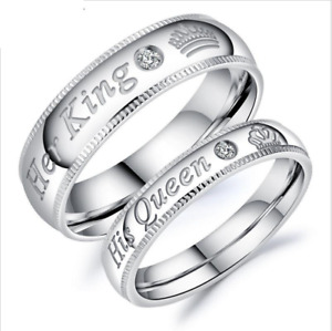 Hot Stainless Steel Promise wedding Silver her king his Queen Love Couple Rings