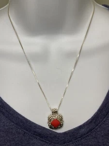 Vintage Sterling Silver & Coral Pendant on 925 18” Box Link Necklace  - Picture 1 of 10