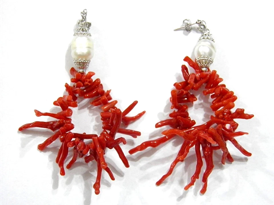 ORECCHINI RAMETTI CORALLO E PERLE IN ARGENTO 925% MONACHELLA - Immagine 1 di 1
