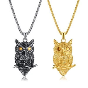 Herren Halskette Anhänger Totekopf Zirkonia Auge Eule Edelstahl Kette Owl Rock - Imagen 1 de 9