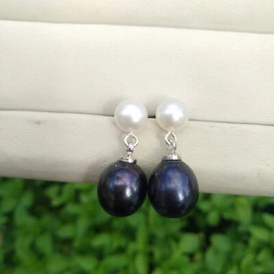 AAA Tahaitian Peacock Black 10-12mm /6-7mm White Pearl Earrings Stud 14k Gold P - Picture 1 of 6