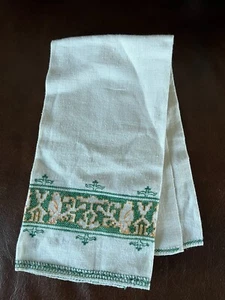 Vintage Creme Leinen Geschirrtuch mit Stickerei Grün & Gelb Irish Celtic Bir - Bild 1 von 8