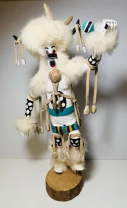 VTG WHITE BUFFALO KACHINA Doll 15” Fur Leather Shells Feathers Signed - Picture 1 of 16