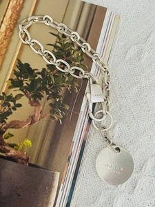 Gucci Vintage Logo Circle Charm Dog Tag Linked Chain Bracelet Sterling Silver - Picture 1 of 13