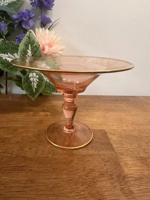 Vintage Pink Depression Glass Compote Gold Etched Pedestal Dish Elegant 1930s - Image 1 of 4
